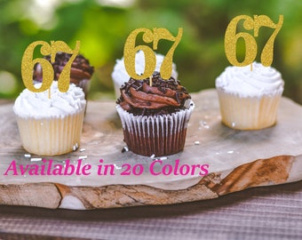67th Birthday Cupcake Toppers | Glitter Number 67 Decorations | 67th Party Decor | Age 67 Milestone | Party Favors Birthday Party Supplies