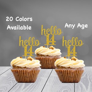 hello 14 Cupcake Toppers | 14th Birthday Cupcake Toppers | Number 14 Age Glitter Party Decor | Age 14 Birthday Decorations | Party Favors