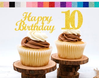 10th Birthday Cupcake Toppers | Number 10 Party Picks | 10th Party Supplies | Age 10 Toppers Party Decor Glitter Happy Birthday Decorations