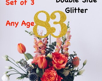 83rd Birthday Centerpiece (Set of 3) Single or Double Side Glitter, Number 83 for Birthday Party, Cake Toppers, Anniversary Decorations