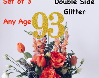 93rd Birthday Centerpiece (Set of 3) Single or Double Side Glitter, Number 93 for Birthday Party, Cake Toppers, Anniversary Decorations