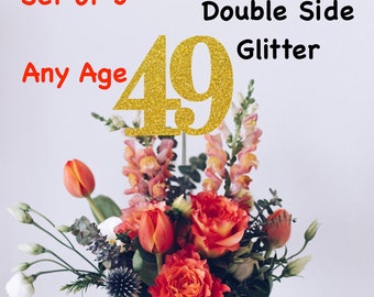 49th Birthday Centerpiece (Set of 3) Single or Double Side Glitter, Number 49 for Birthday Party, Cake Toppers, Anniversary Decorations