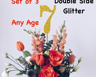 7th Birthday Centerpiece (Set of 3) Single or Double Side Glitter, Number 7 for Birthday Party, Cake Toppers, Anniversary Decorations
