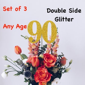 90th Birthday Centerpiece (Set of 3) Single or Double Side Glitter, Number 90 for Birthday Party, Cake Toppers, Anniversary Decorations