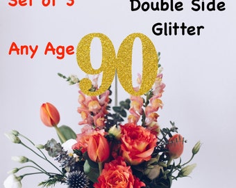 90th Birthday Centerpiece (Set of 3) Single or Double Side Glitter, Number 90 for Birthday Party, Cake Toppers, Anniversary Decorations