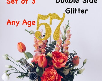 57th Birthday Centerpiece (Set of 3) Single or Double Side Glitter, Number 57 for Birthday Party, Cake Toppers, Anniversary Decorations