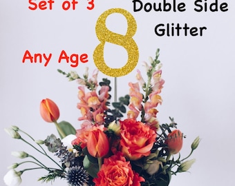 8th Birthday Centerpiece (Set of 3) Single or Double Side Glitter, Number 8 for Birthday Party, Cake Toppers, Anniversary Decorations
