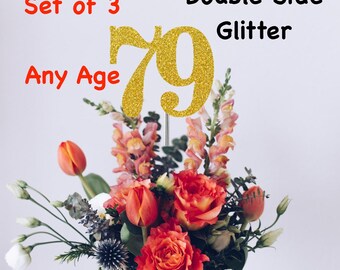 79th Birthday Centerpiece (Set of 3) Single or Double Side Glitter, Number 79 for Birthday Party, Cake Toppers, Anniversary Decorations