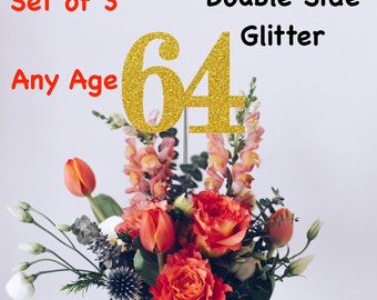 64th Birthday Centerpiece (Set of 3) Single or Double Side Glitter, Number 64 for Birthday Party, Cake Toppers, Anniversary Decorations