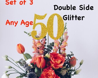 50th Birthday Centerpiece (Set of 3) Single or Double Side Glitter, Number 50 for Birthday Party, Cake Toppers, Anniversary Decorations