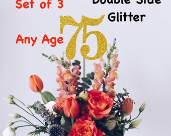 75th Birthday Centerpiece (Set of 3) Single or Double Side Glitter, Number 75 for Birthday Party, Cake Toppers, Anniversary Decorations