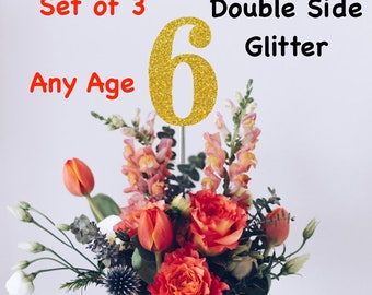 6th Birthday Centerpiece (Set of 3) Single or Double Side Glitter, Number 6 for Birthday Party, Cake Toppers, Anniversary Decorations