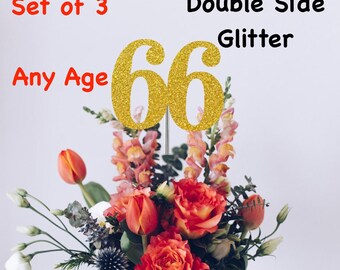 66th Birthday Centerpiece (Set of 3) Single or Double Side Glitter, Number 66 for Birthday Party, Cake Toppers, Anniversary Decorations