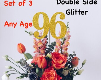 96th Birthday Centerpiece (Set of 3) Single or Double Side Glitter, Number 96 for Birthday Party, Cake Toppers, Anniversary Decorations