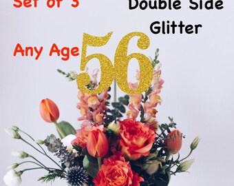56th Birthday Centerpiece (Set of 3) Single or Double Side Glitter, Number 56 for Birthday Party, Cake Toppers, Anniversary Decorations