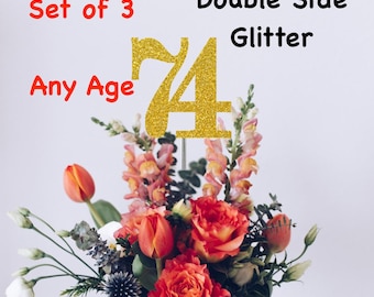 74th Birthday Centerpiece (Set of 3) Single or Double Side Glitter, Number 74 for Birthday Party, Cake Toppers, Anniversary Decorations