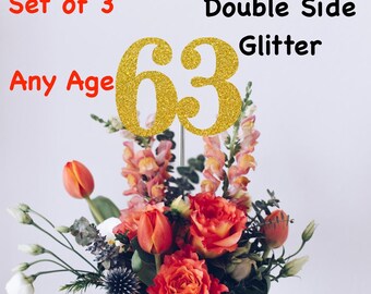 63rd Birthday Centerpiece (Set of 3) Single or Double Side Glitter, Number 63 for Birthday Party, Cake Toppers, Anniversary Decorations