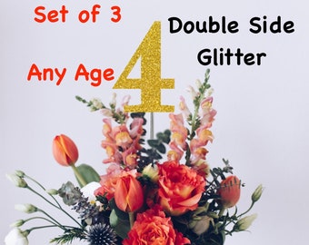 4th Birthday Centerpiece (Set of 3) Single or Double Side Glitter, Number 4 for Birthday Party, Cake Toppers, Anniversary Decorations