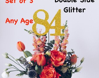 84th Birthday Centerpiece (Set of 3) Single or Double Side Glitter, Number 84 for Birthday Party, Cake Toppers, Anniversary Decorations