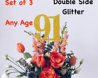 91st Birthday Centerpiece (Set of 3) Single or Double Side Glitter, Number 91 for Birthday Party, Cake Toppers, Anniversary Decorations