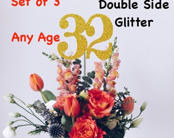 32nd Birthday Centerpiece (Set of 3) Single or Double Side Glitter, Number 32 for Birthday Party, Cake Toppers, Anniversary Decorations