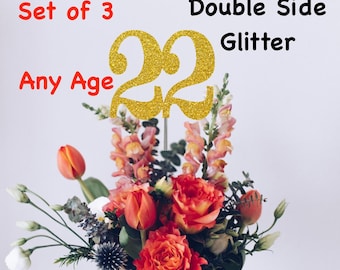 22nd Birthday Centerpiece (Set of 3) Single or Double Side Glitter, Number 22 for Birthday Party, Cake Toppers, Anniversary Decorations