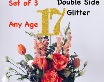 17th Birthday Centerpiece (Set of 3) Single or Double Side Glitter, Number 17 for Birthday Party, Cake Toppers, Anniversary Decorations