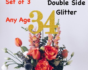 34th Birthday Centerpiece (Set of 3) Single or Double Side Glitter, Number 34 for Birthday Party, Cake Toppers, Anniversary Decorations