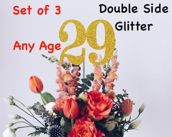 29th Birthday Centerpiece (Set of 3) Single or Double Side Glitter, Number 29 for Birthday Party, Cake Toppers, Anniversary Decorations