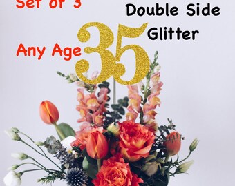 35th Birthday Centerpiece (Set of 3) Single or Double Side Glitter, Number 35 for Birthday Party, Cake Toppers, Anniversary Decorations