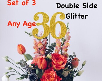 36th Birthday Centerpiece (Set of 3) Single or Double Side Glitter, Number 36 for Birthday Party, Cake Toppers, Anniversary Decorations