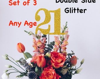 21st Birthday Centerpiece (Set of 3) Single or Double Side Glitter, Number 21 for Birthday Party, Cake Toppers, Anniversary Decorations