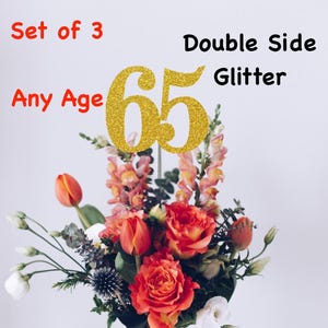 65th Birthday Centerpiece (Set of 3) Single or Double Side Glitter, Number 65 for Birthday Party, Cake Toppers, Anniversary Decorations