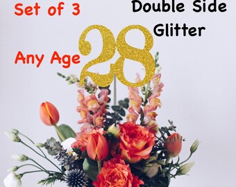 28th Birthday Centerpiece (Set of 3) Single or Double Side Glitter, Number 28 for Birthday Party, Cake Toppers, Anniversary Decorations