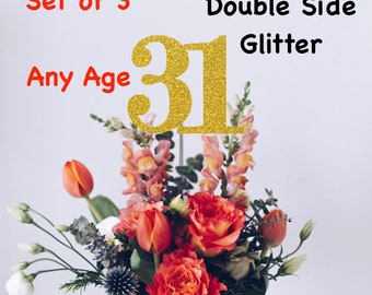 31st Birthday Centerpiece (Set of 3) Single or Double Side Glitter, Number 31 for Birthday Party, Cake Toppers, Anniversary Decorations