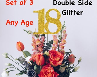 18th Birthday Centerpiece (Set of 3) Single or Double Side Glitter, Number 18 for Birthday Party, Cake Toppers, Anniversary Decorations