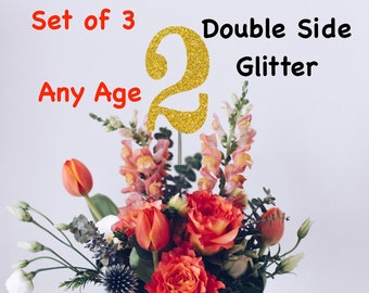 2nd Birthday Centerpiece (Set of 3) Single or Double Side Glitter, Number 2 for Birthday Party, Cake Toppers, Anniversary Decorations