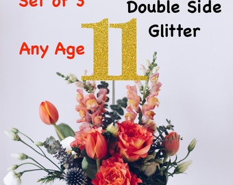 11th Birthday Centerpiece (Set of 3) Single or Double Side Glitter, Number 11 for Birthday Party, Cake Toppers, Anniversary Decorations