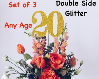 20th Birthday Centerpiece (Set of 3) Single or Double Side Glitter, Number 20 for Birthday Party, Cake Toppers, Anniversary Decorations