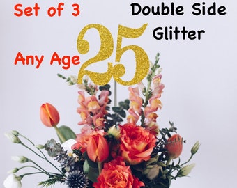 25th Birthday Centerpiece (Set of 3) Single or Double Side Glitter, Number 25 for Birthday Party, Cake Toppers, Anniversary Decorations