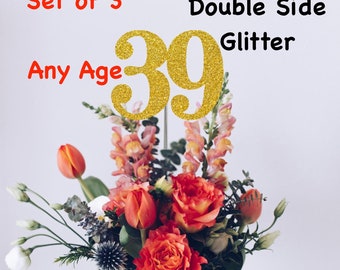 39th Birthday Centerpiece (Set of 3) Single or Double Side Glitter, Number 39 for Birthday Party, Cake Toppers, Anniversary Decorations