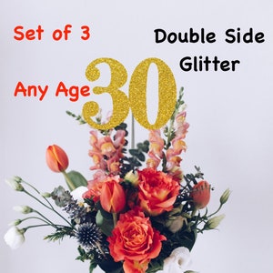 Centro de mesa para el 30.° cumpleaños (juego de 3), con purpurina de uno o dos lados, número 30 para fiestas de cumpleaños, adornos para tartas y decoraciones de aniversario