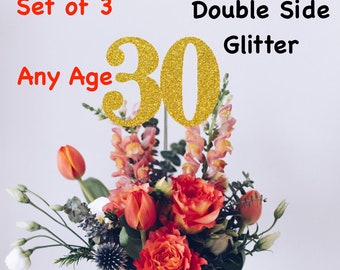 30th Birthday Centerpiece (Set of 3) Single or Double Side Glitter, Number 30 for Birthday Party, Cake Toppers, Anniversary Decorations