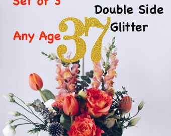 37th Birthday Centerpiece (Set of 3) Single or Double Side Glitter, Number 37 for Birthday Party, Cake Toppers, Anniversary Decorations