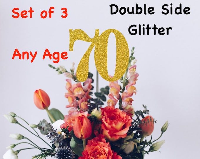 Featured listing image: 70th Birthday Centerpiece (Set of 3) Single or Double Side Glitter, Number 70 for Birthday Party, Cake Toppers, Anniversary Decorations