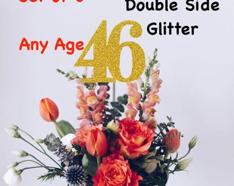 46th Birthday Centerpiece (Set of 3) Single or Double Side Glitter, Number 46 for Birthday Party, Cake Toppers, Anniversary Decorations