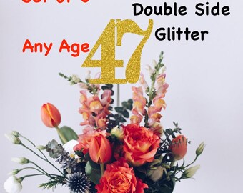 47th Birthday Centerpiece (Set of 3) Single or Double Side Glitter, Number 47 for Birthday Party, Cake Toppers, Anniversary Decorations