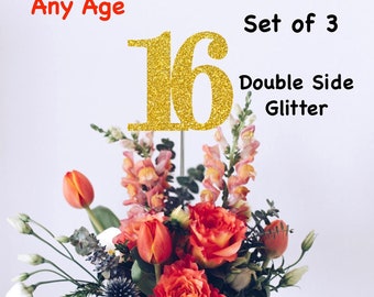 Any Age Birthday Centerpiece (SET OF 3) Double Sided Glitter  3.5 inches tall   Birthday Decorations Party Favors Supplies Anniversary Decor