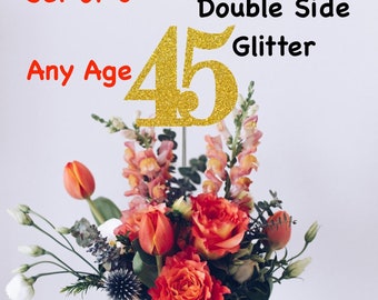 45th Birthday Centerpiece (Set of 3) Single or Double Side Glitter, Number 45 for Birthday Party, Cake Toppers, Anniversary Decorations