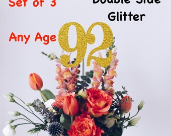 92nd Birthday Centerpiece (Set of 3) Single or Double Side Glitter, Number 92 for Birthday Party, Cake Toppers, Anniversary Decorations